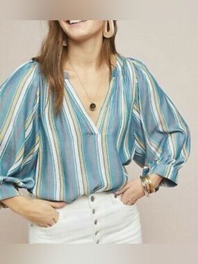 Maeve for Anthropologie Byron striped balloon sleeve peasant blouse